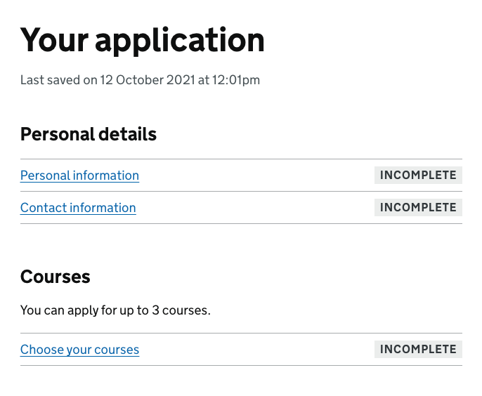Application task list where candidates are prompted to add 3 courses