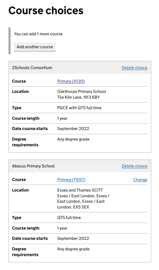 Course review page where candidates are prompted to add one more course after selecting 2 courses
