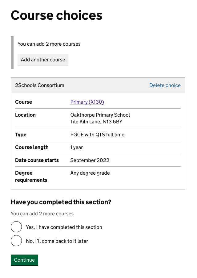 Course review page where candidates are prompted to add 2 more courses after selecting a course