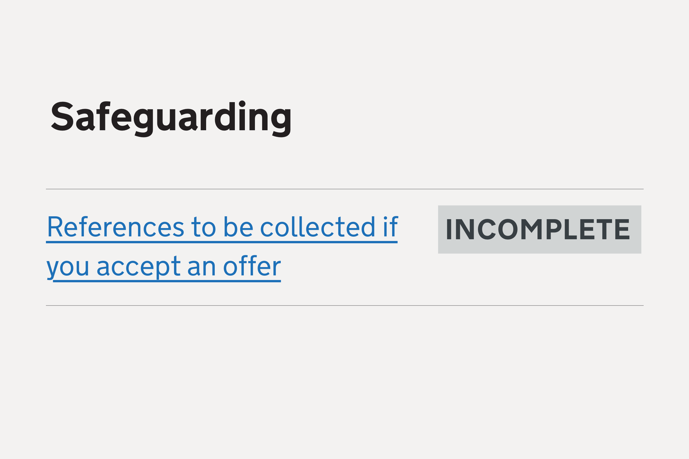 Illustration with the text: "Safeguarding: references to be collected if you accept an offer (incomplete)""