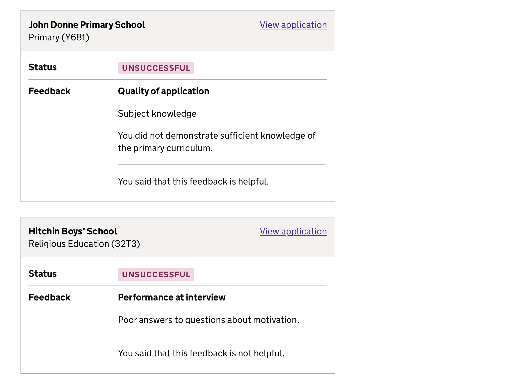 Screenshot with the heading 'Your applications' and the same text as the previous screenshot - except that beneath the first set of feedback is the text 'You said that this feedback is helpful.' and beneath the second one 'You said that this feedback is not helpful.'
