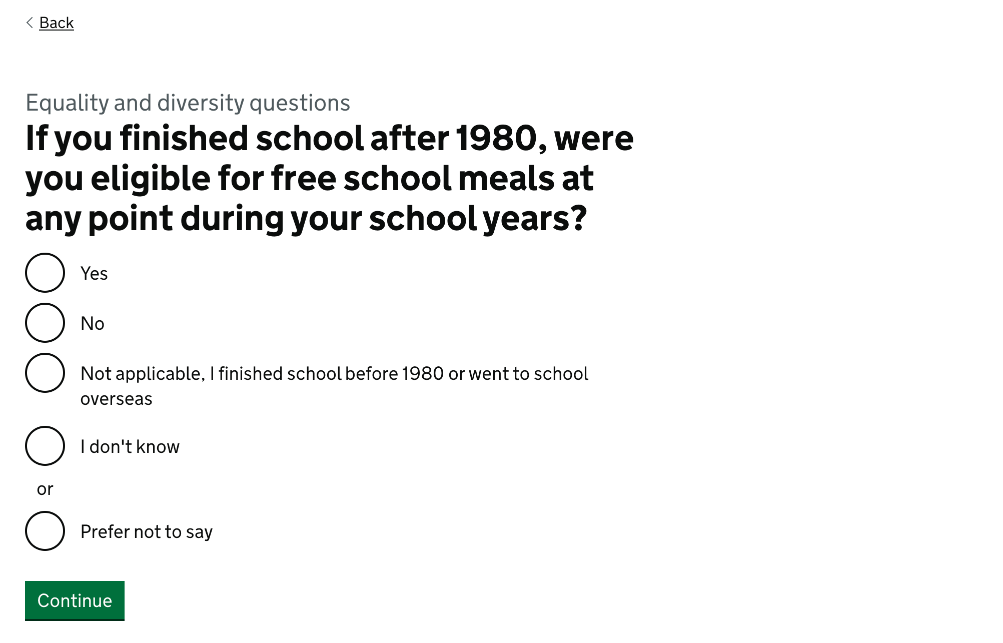 Screenshot showing a page with the title "If you finished school after 1980, were you eligible for free school meals at any point during your school years?" and the options Yes, No, "Not applicable, I finished school before 1980 or went to school overseas", "I do not know" and "Prefer not to say".