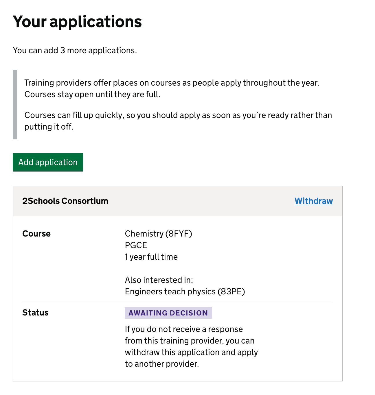 Screenshot showing content that explains users can add another 3 courses to apply to. Below this is a summary card showing the first course the user has applied to.