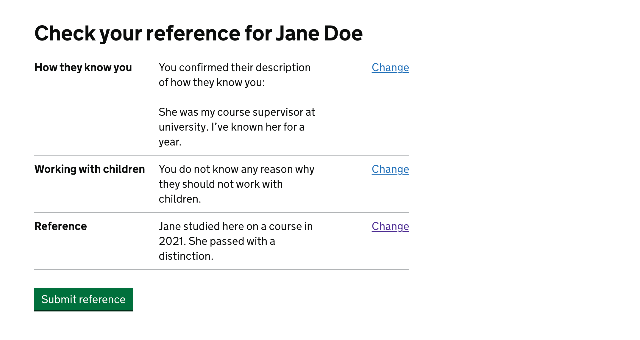 Screenshot with the heading 'Check your reference for Jane Doe'