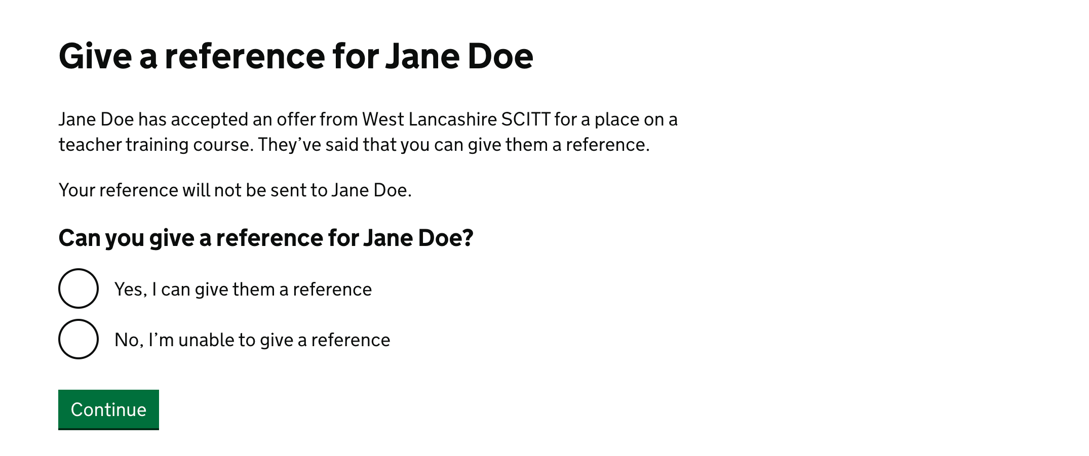 Screenshot showing the heading 'Give a reference for Jane Doe' followed by the question 'Can you give a reference for Jane Doe?' with Yes and No answers.