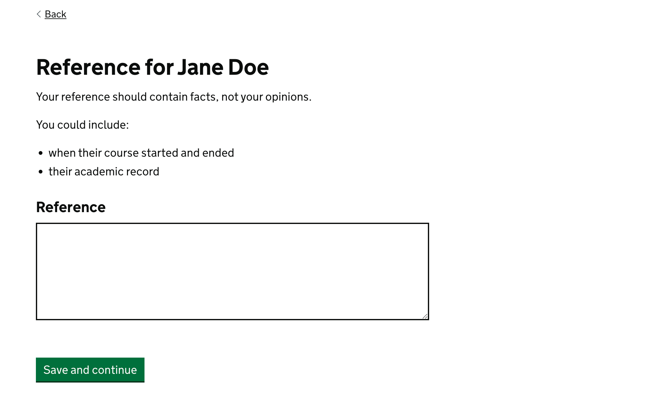 Screenshot with the heading 'Reference for Jane Doe'