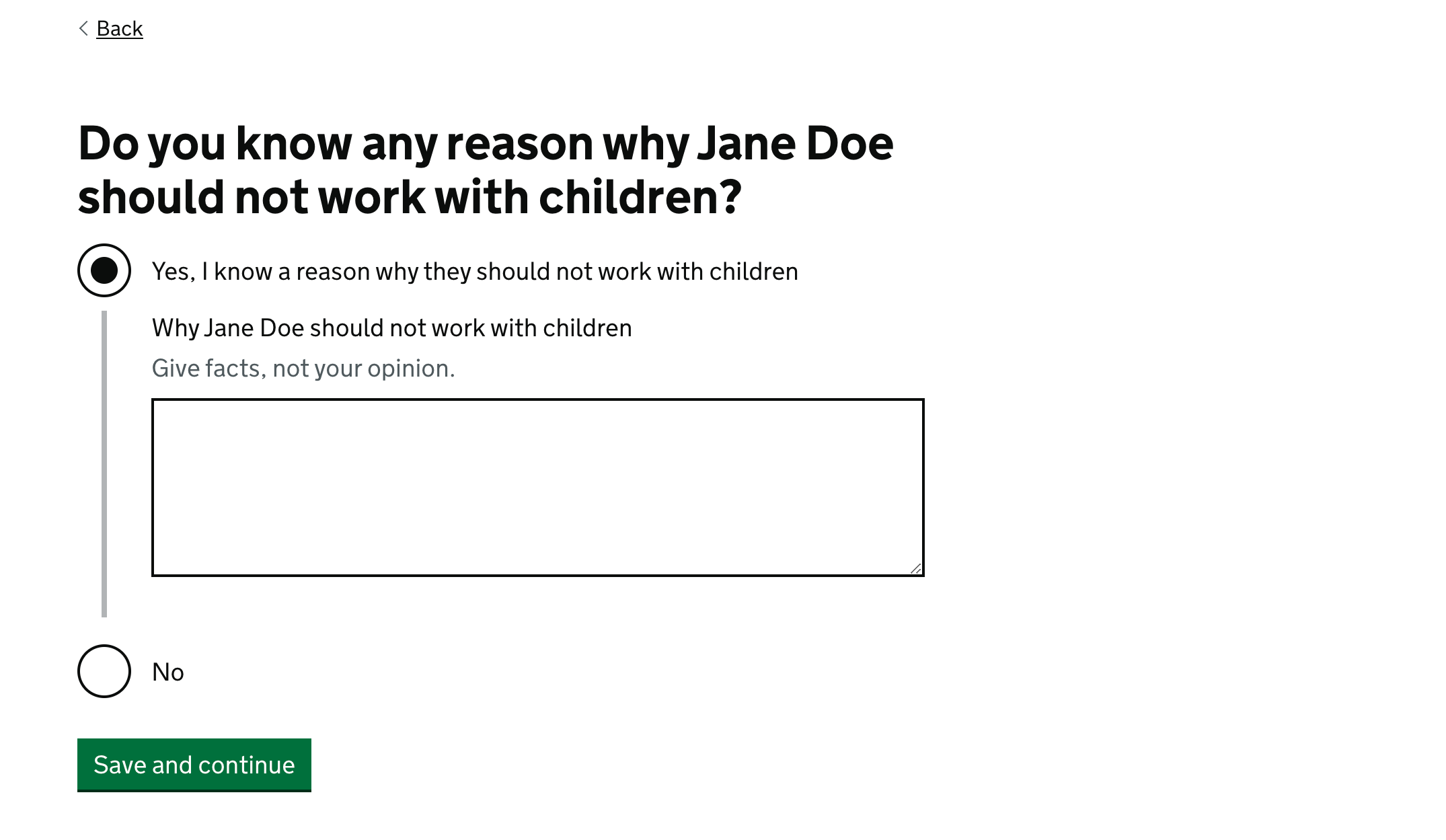 Screenshot with the heading 'Do you know any reason why Jane Doe should not work with children?'