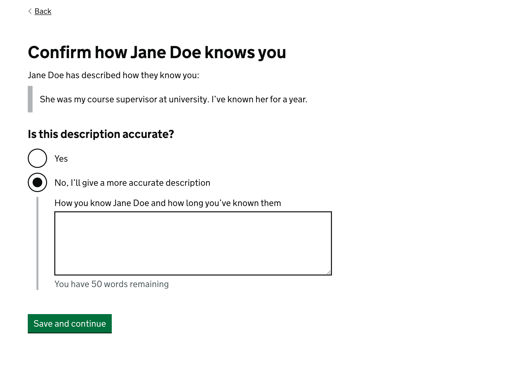 Screenshot showing the heading 'Confirm how Jane Doe knows you' followed by a quoted description and the question 'Is this description accurate?'
