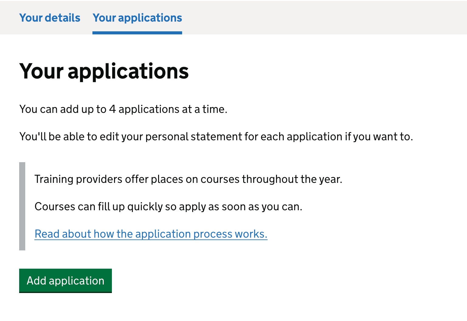 Screenshot of the 'Your applications' tab telling the candidate they will be able to edit their personal statement if they want to.