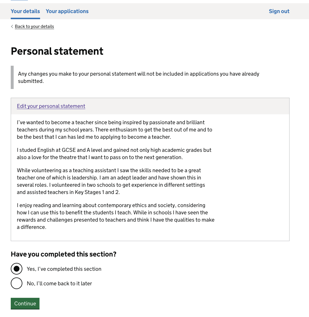 Screenshot showing the review page of the personal statement with inset text telling the candidate what will happen to any changes they make.