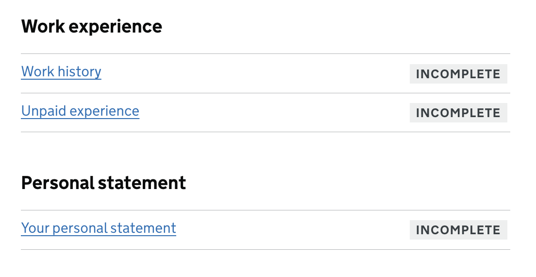 Screenshot showing the personal statement in the task list of the 'Your details' section.
