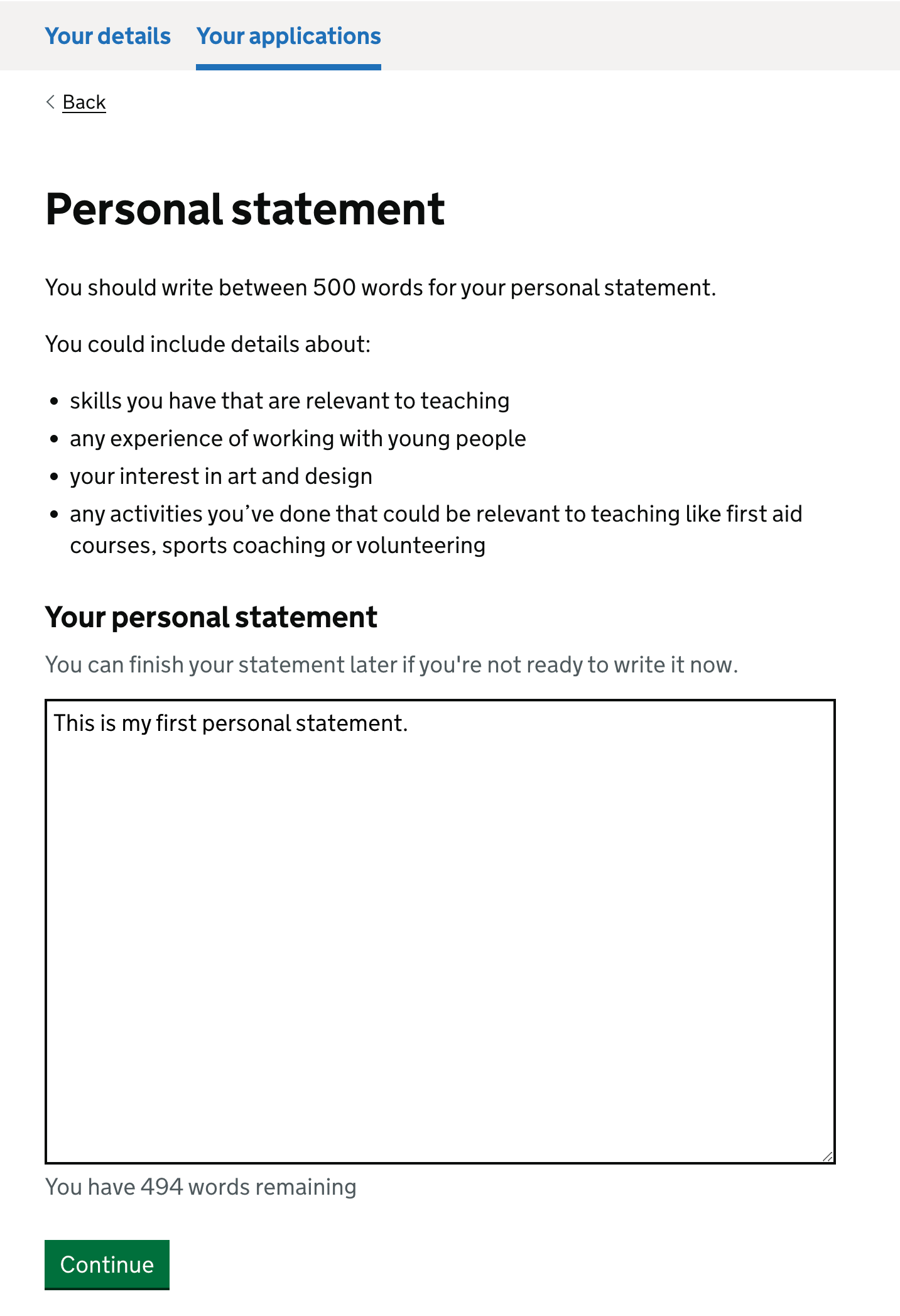 Screenshot showing the personal statement question asking candidates to write a 500 word personal statement.