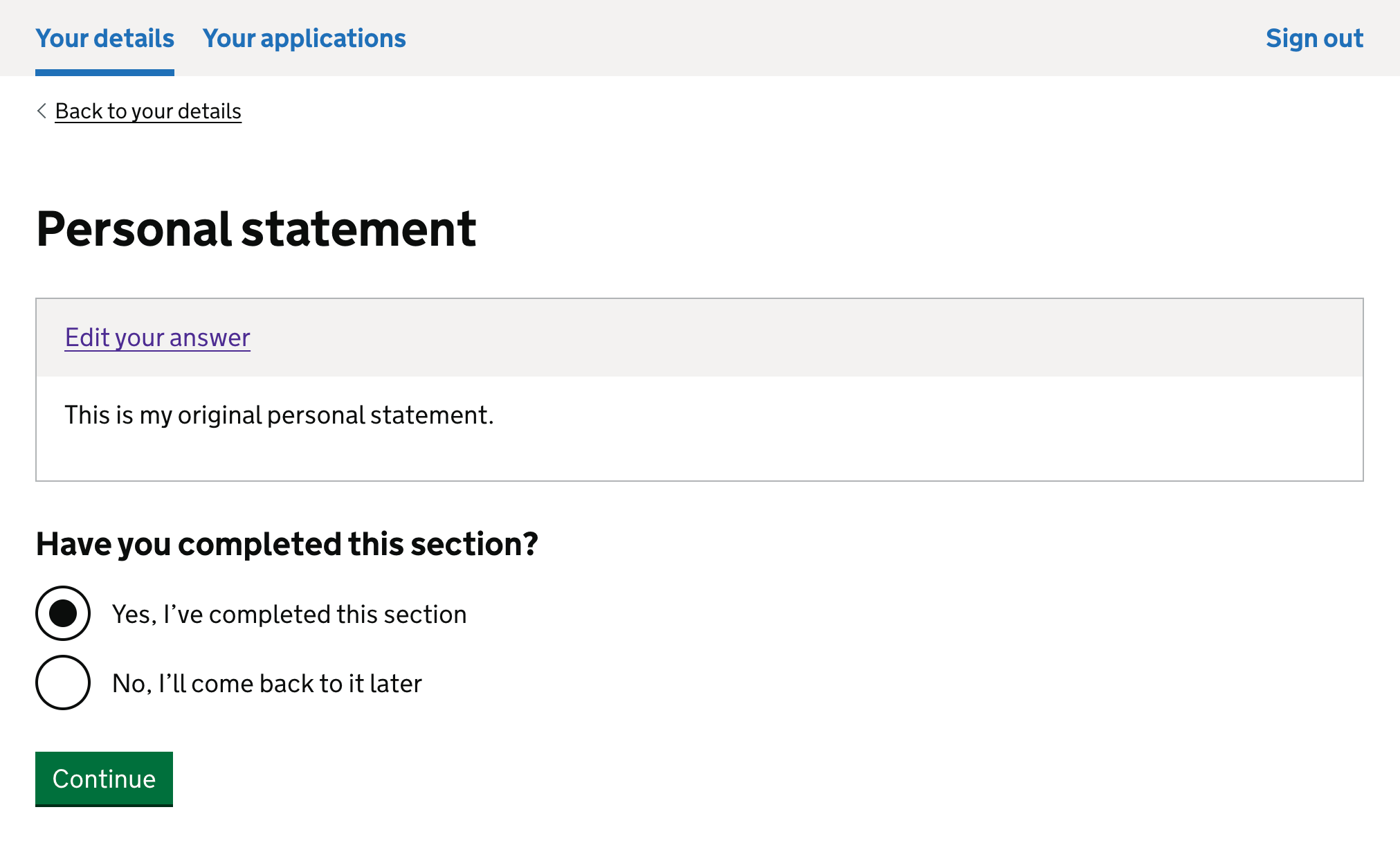 Screenshot showing the review page before a candidate marks the personal statement section as complete.