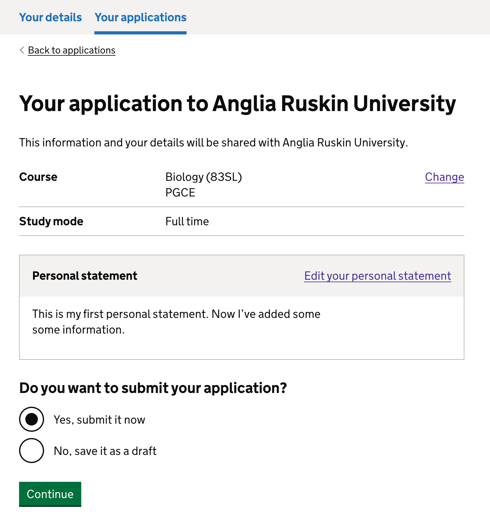 Screenshot showing the review page where a candidate can check the training provider, course and personal statement before submitting their second application.
