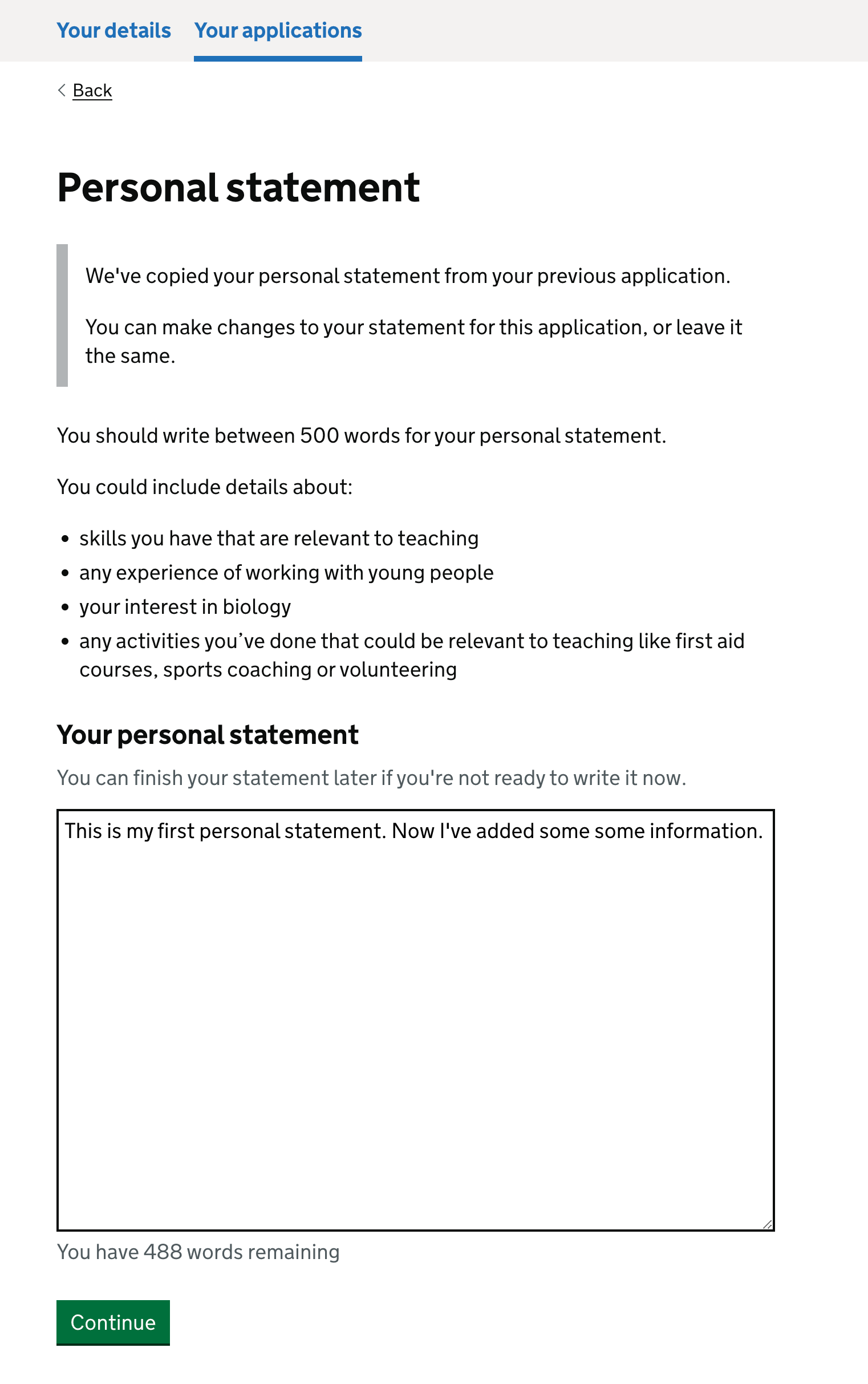 Screenshot showing the personal statement question. There is inset text to tell the candidate that we've copied over their previous personal statement and they can edit it if they want to.
