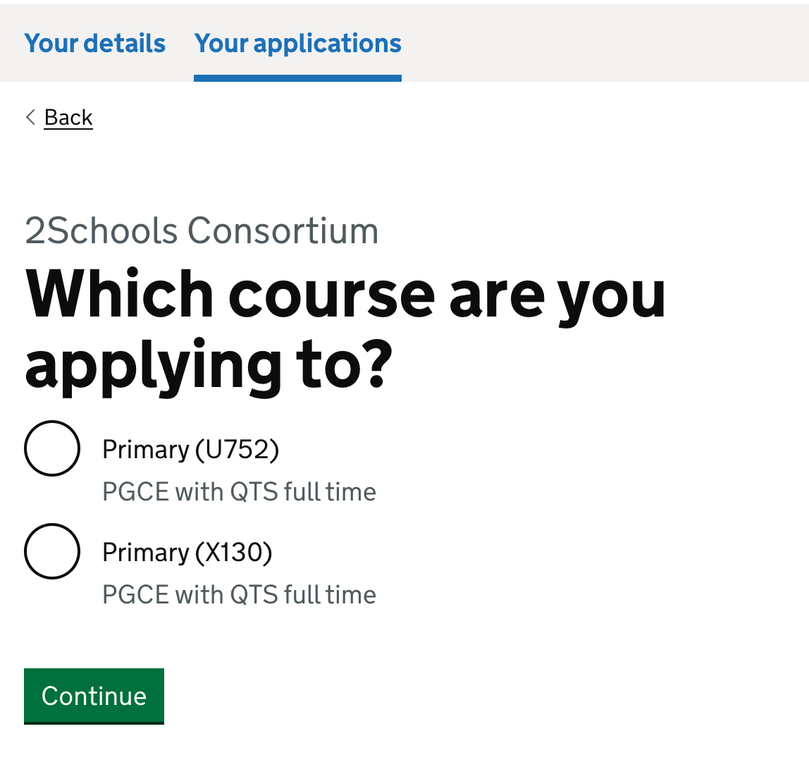 Screenshot of a question asking candidates which course offered by the training provider they are applying to. This is followed by a list of available courses.