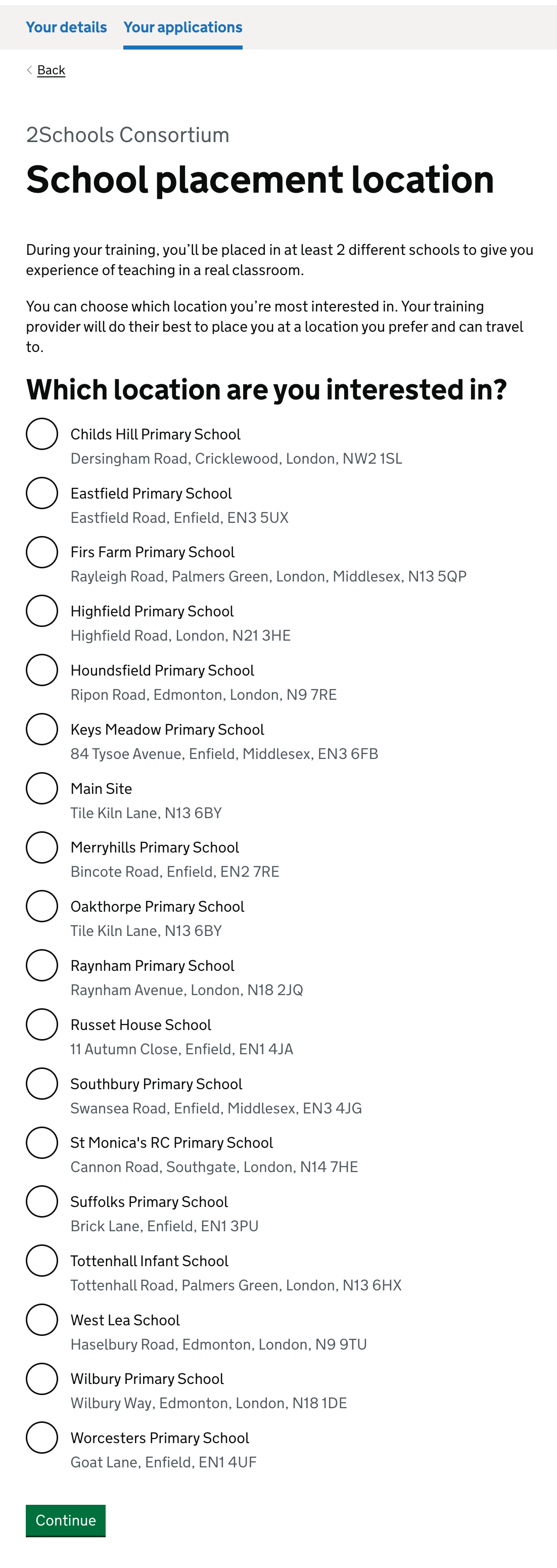 Screenshot of the new question with a heading of 'School placement location' followed by some guidance explaining placements to candidates. Then there is a question asking candidates which location they are applying to with a list of radio options to choose from.