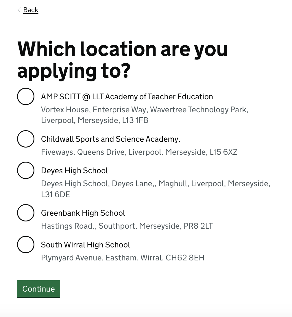 Screenshot of the question asking candidates 'Which location are you applying to? The question is followed by a list of radio buttons.