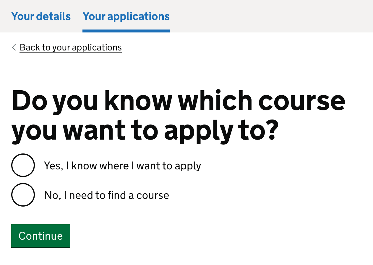 Screenshot of a question asking candidates if they know which course they want to apply to.