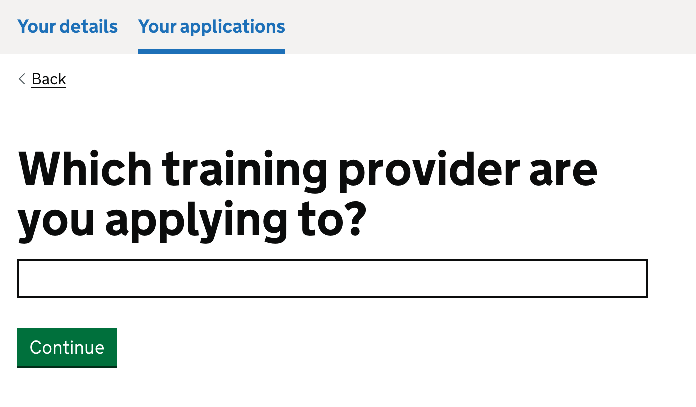 Screenshot of a question asking candidates which training provider they are applying to.