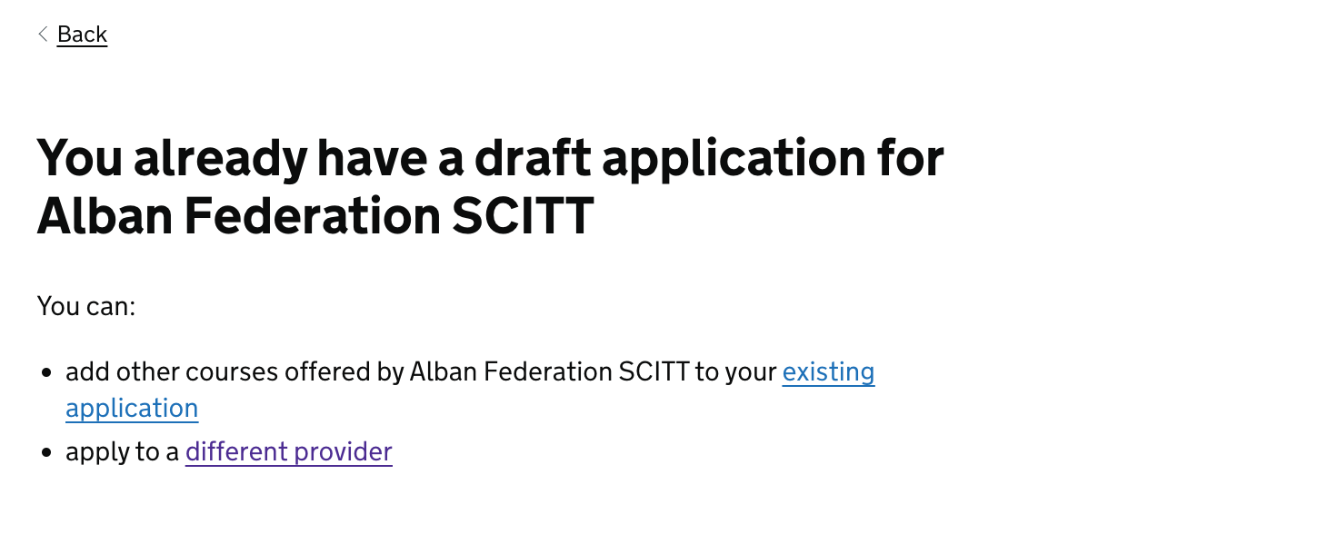 Screenshot of a page telling the user they already have a draft application with a specific training provider.
