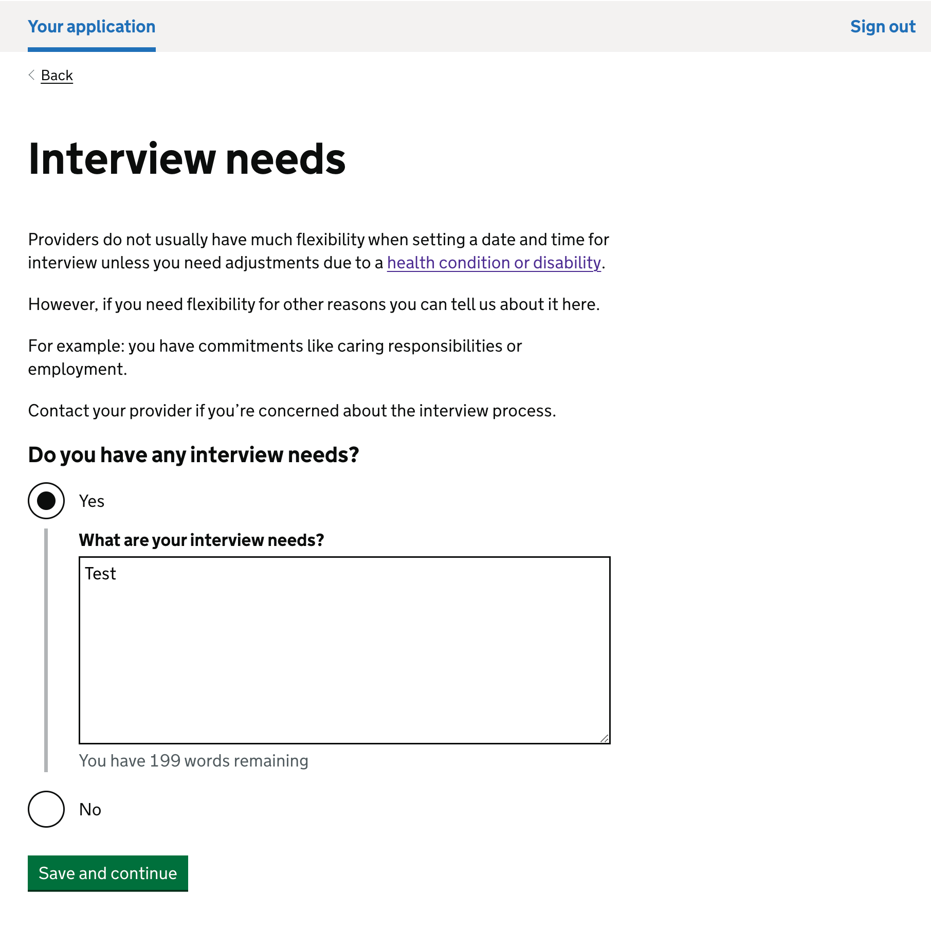Screenshot of a page called 'Interview needs' where a user can tell training providers about anything they might need for an interview.