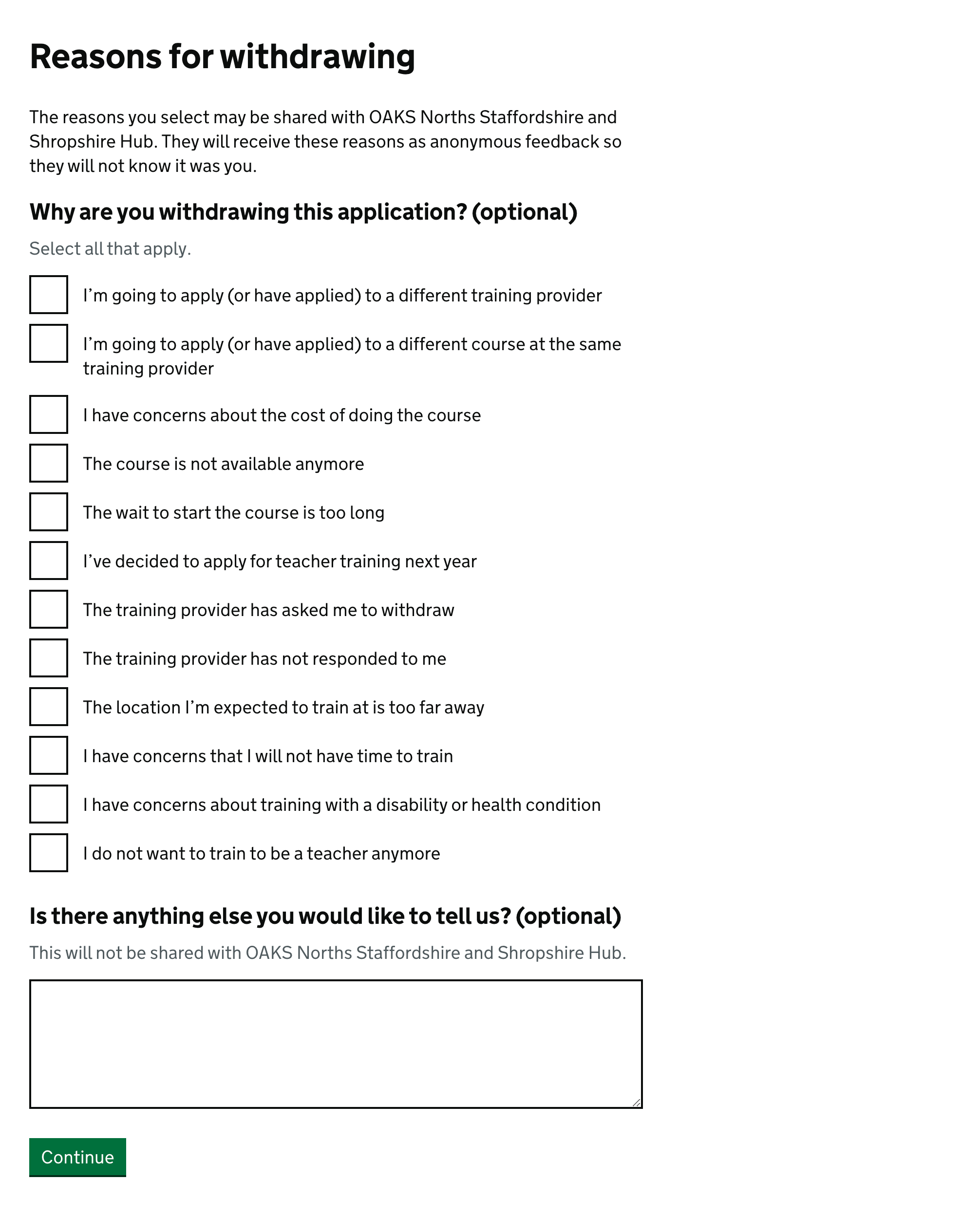 Screenshot showing a page with the title 'Reasons for withdrawing'. 2 questions are shown: 'Why are you withdrawing this application? (optional)' which has 12 options, each with a checkbox, and 'Is there anything else you would like to tell us? (optional)' which has a text field.