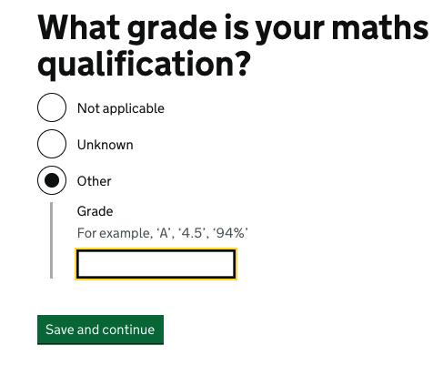 Screenshot of 'What grade is your maths qualification?' question, with examples 'A', '4.5', '84%'.