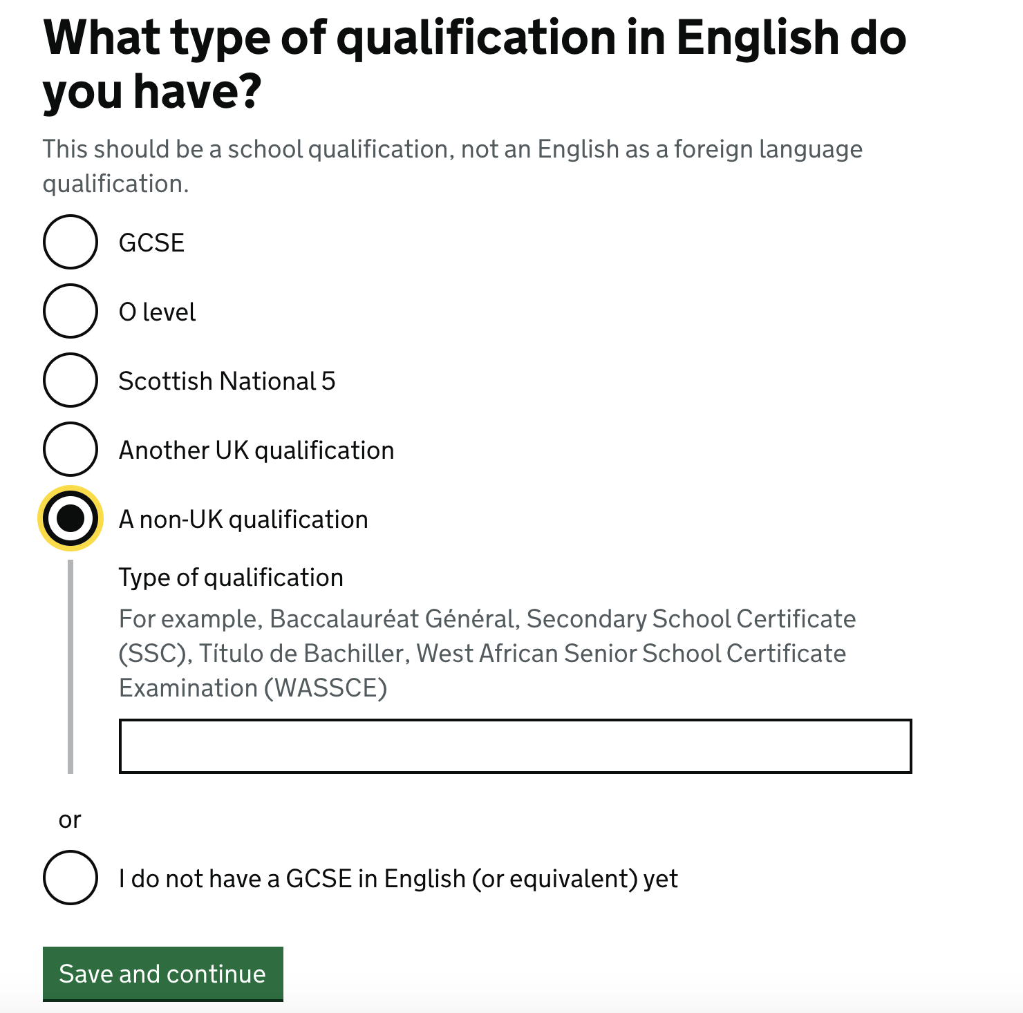 Screenshot of 'What type of English qualification do you have?' question with new hint text.