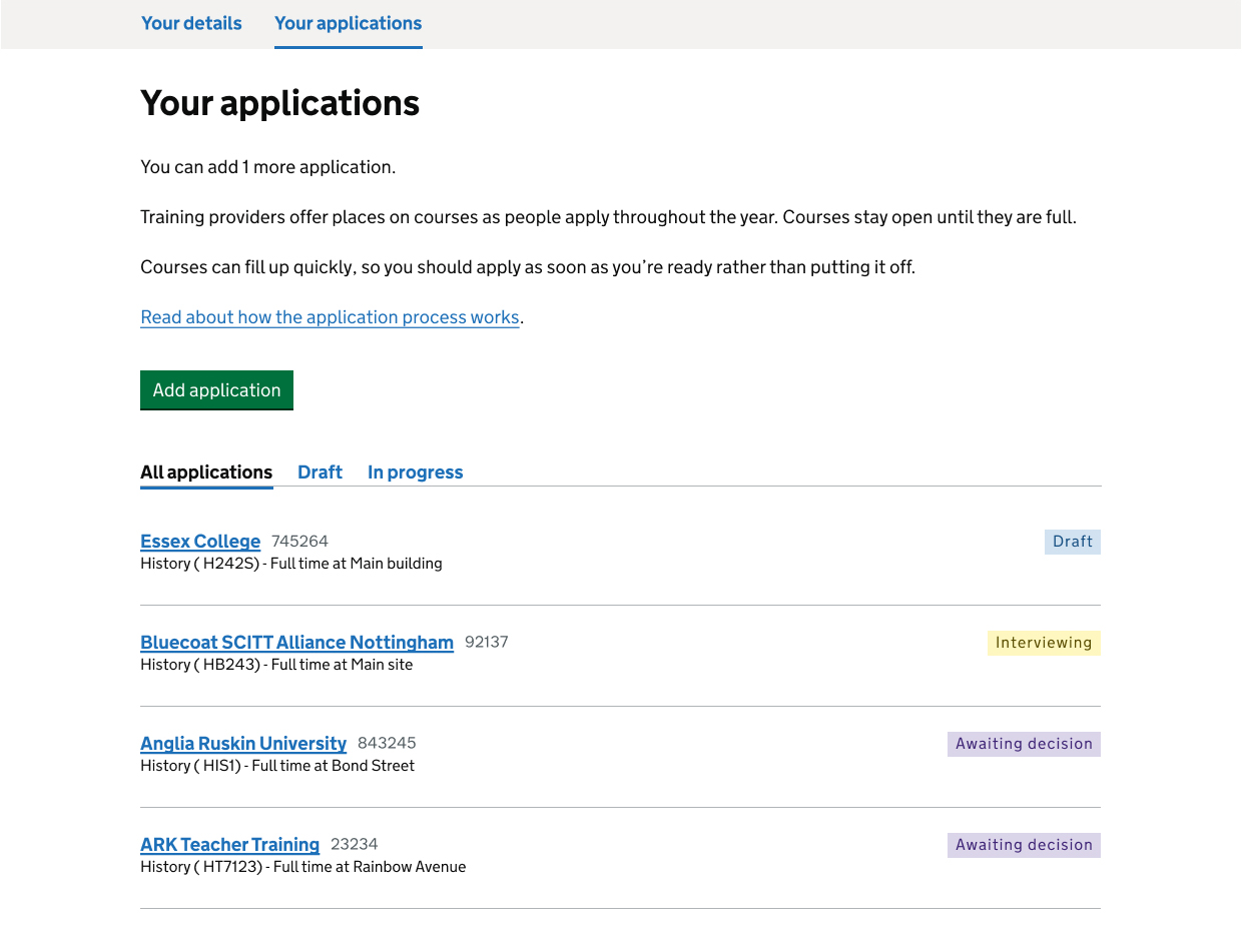 Screenshot of new 'Your applications' page, showing 4 applications for draft, awaiting decision/inactive and interviewing