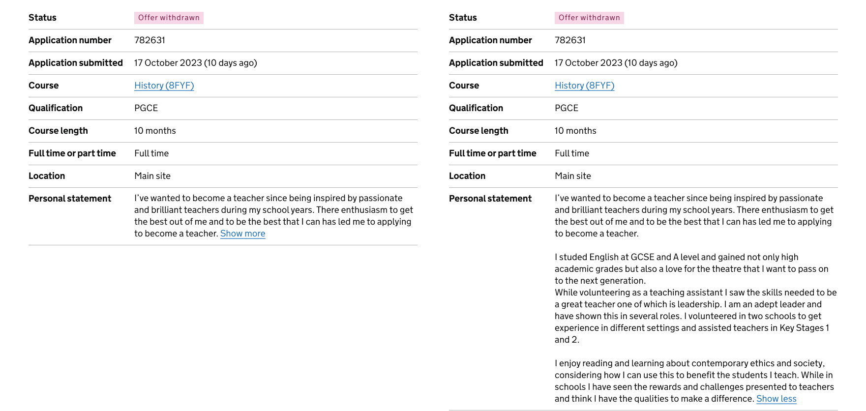 Screenshot of 'Offer withdrawn' status, showcasing the difference beween 'show more' and 'show less' functionality of personal statement in the application summary