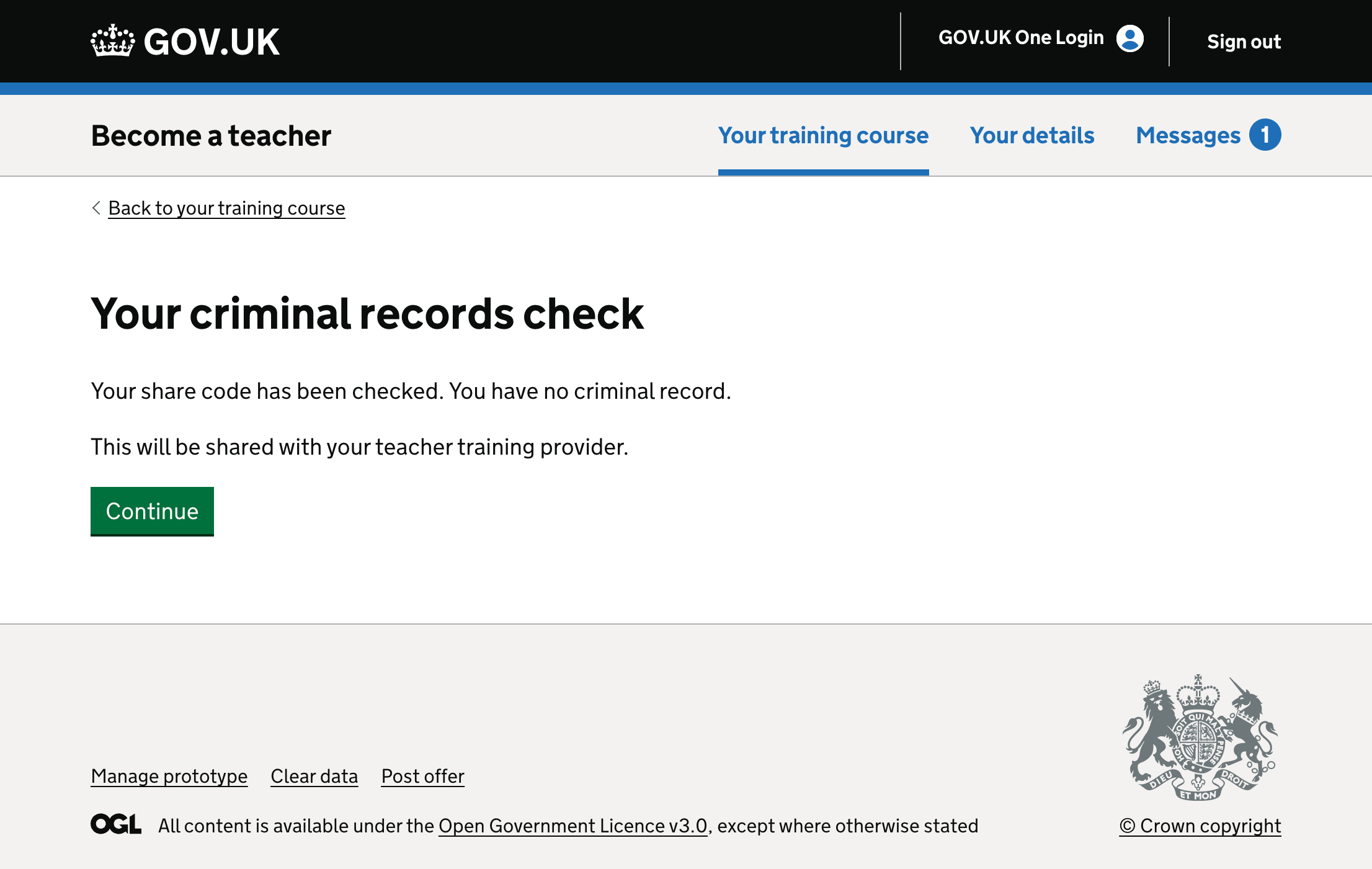 Screenshot showing a page where criminal records checks have been successful