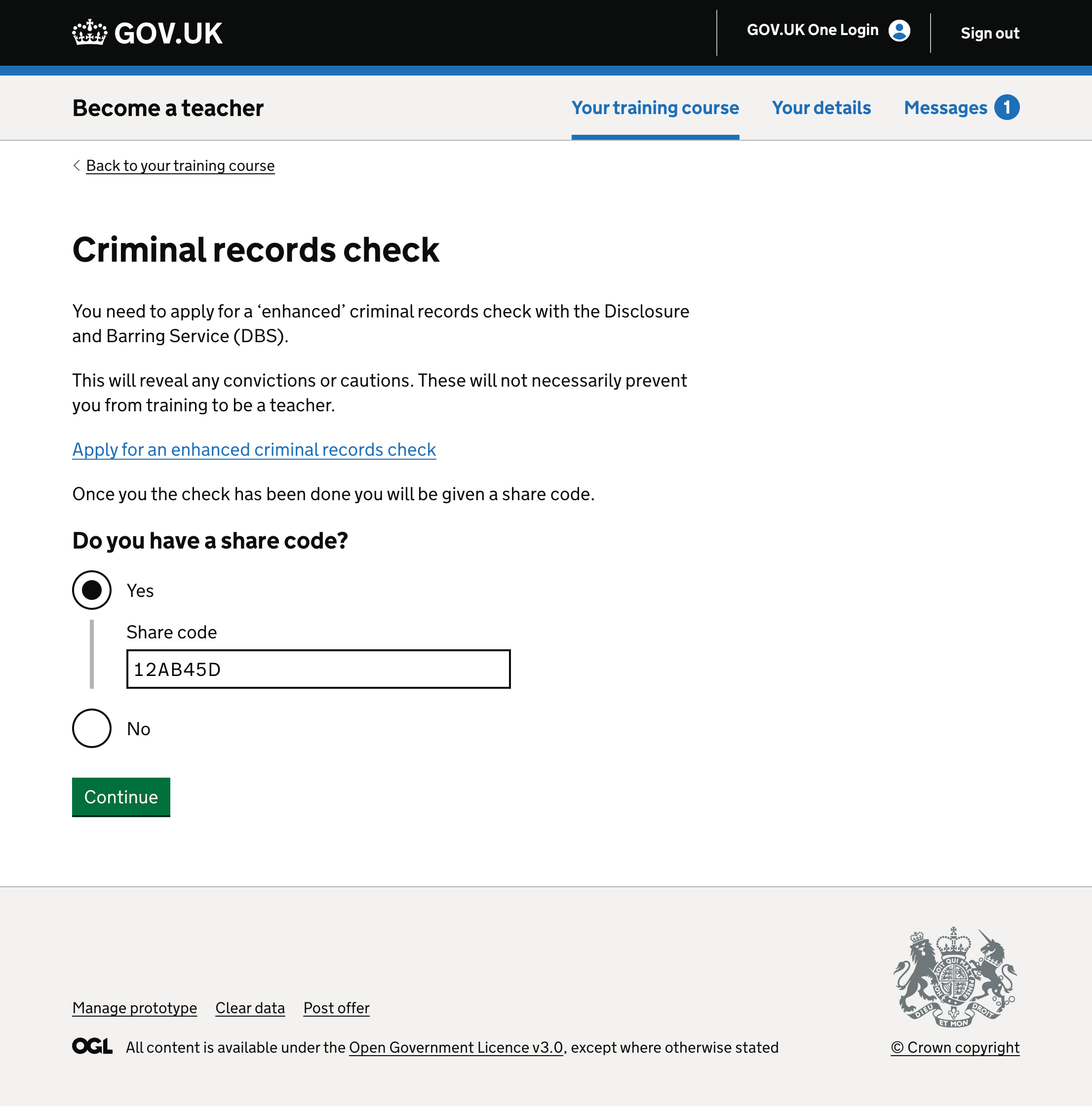 Screenshot showing a page asking for a criminal records check share code