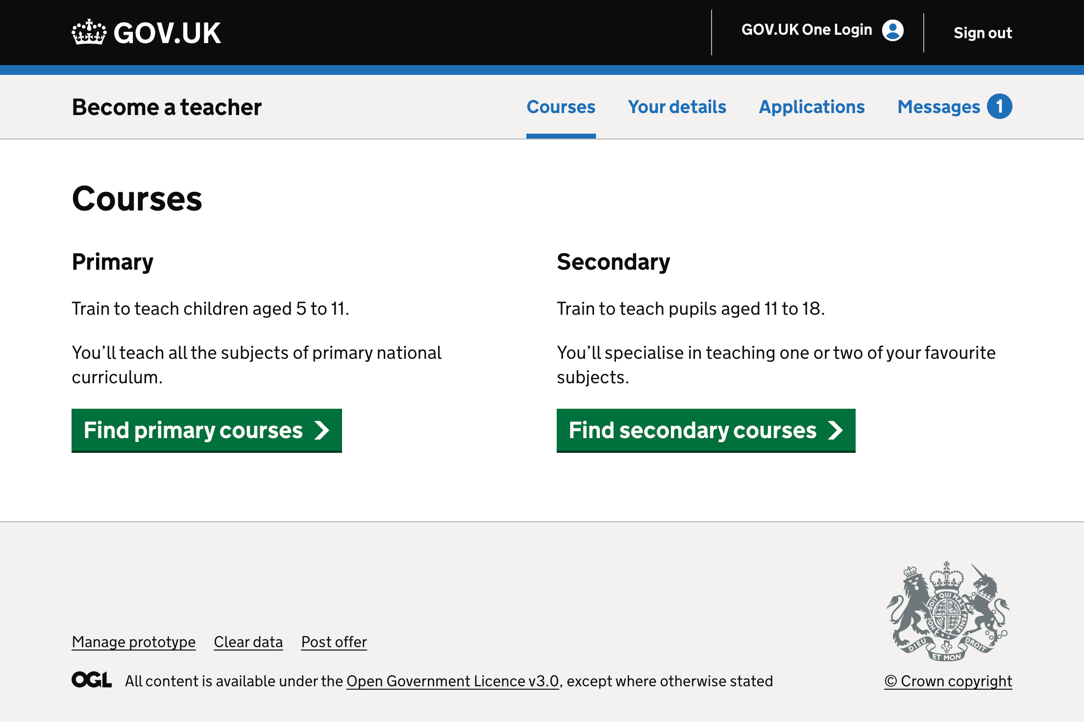 Screenshot showing a page with a navigation bar with the items: Courses, Your details, Applications, Messages and the service title 'Become a teacher'