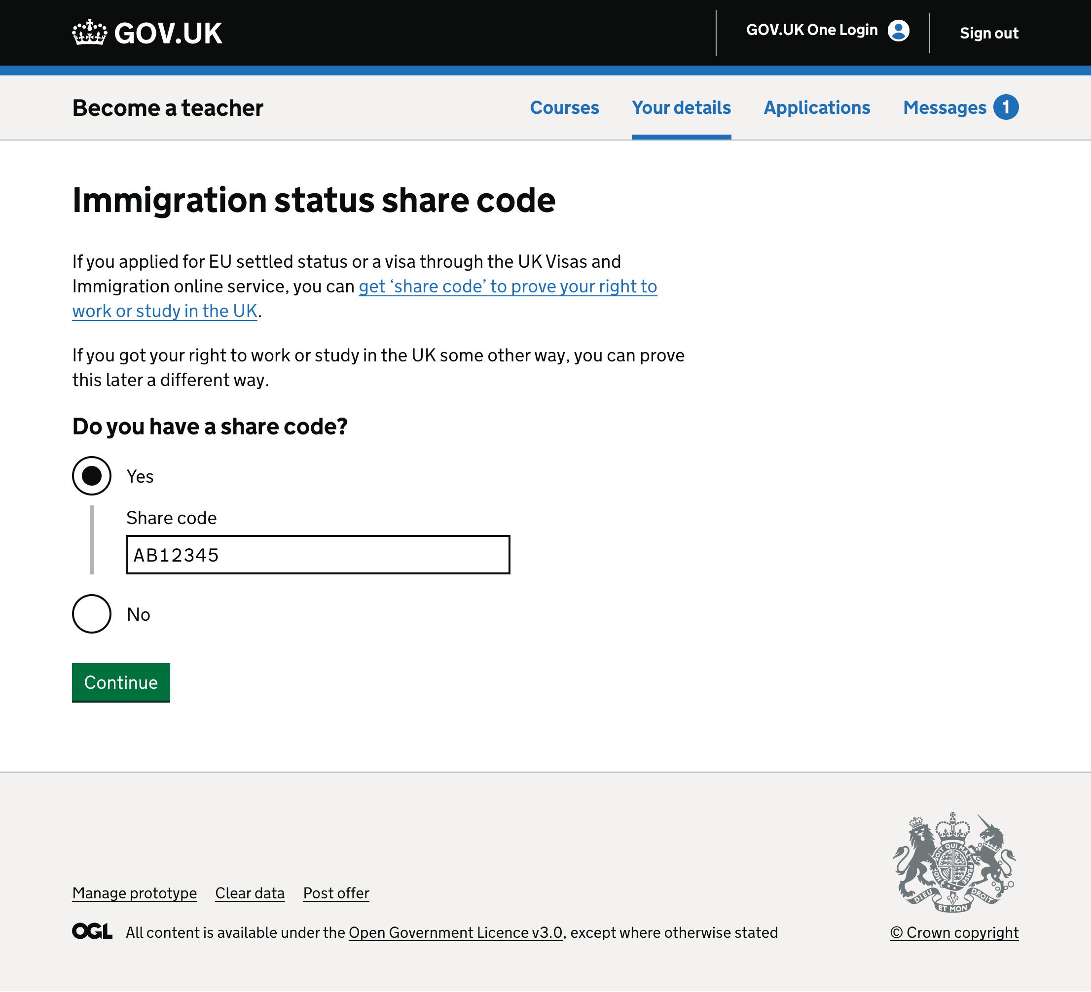 Screenshot showing a page asking for an immigration status share code 