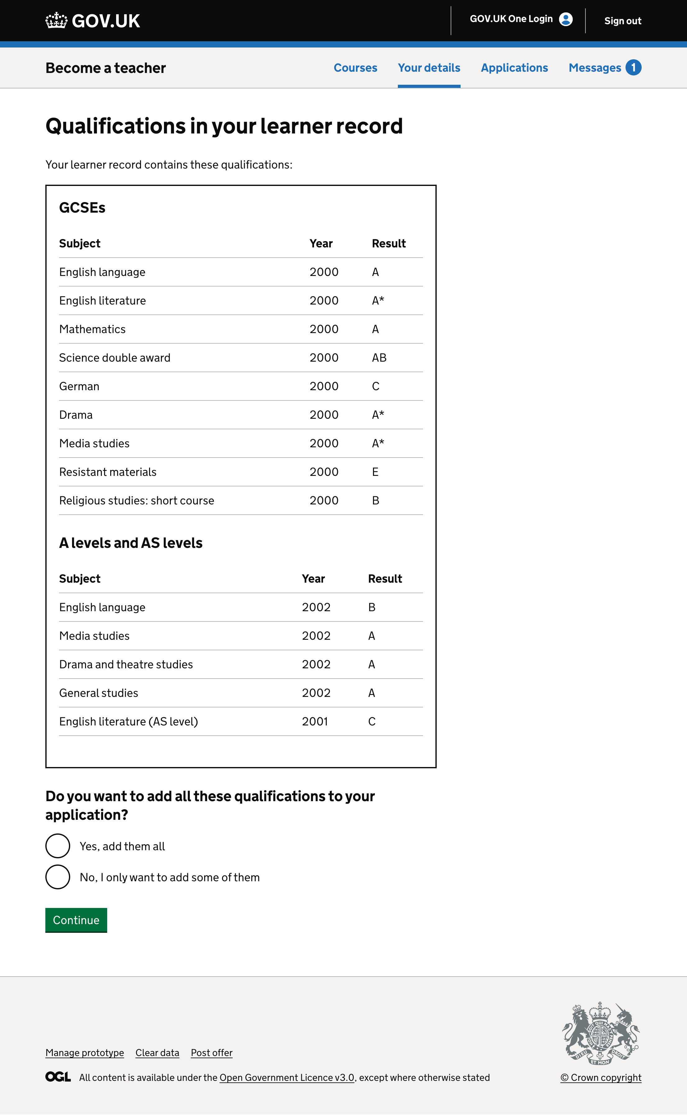 Screenshot showing a page listing GCSE and A level qualifications imported from the learner record