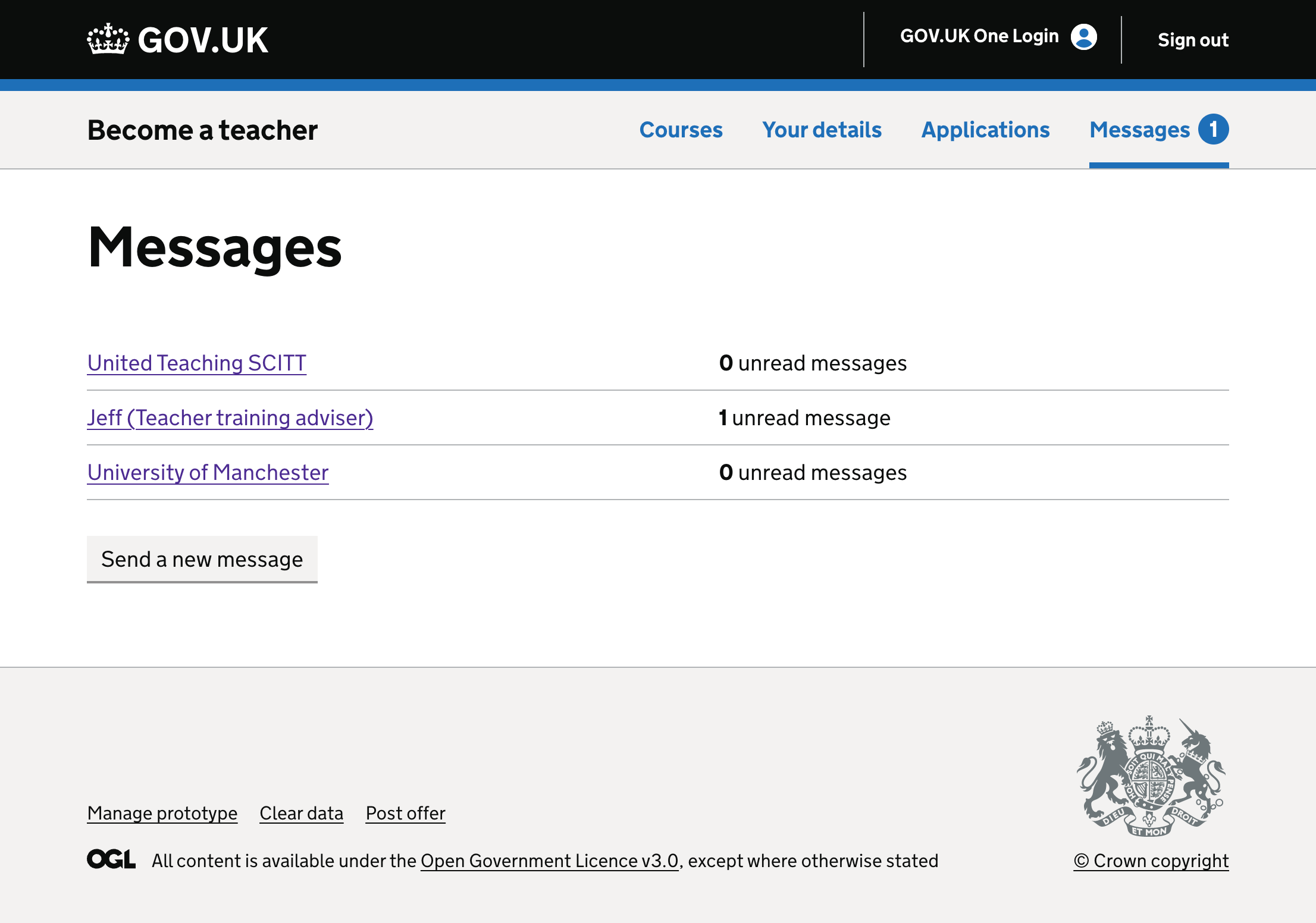 Screenshot showing a page listing messages from different providers