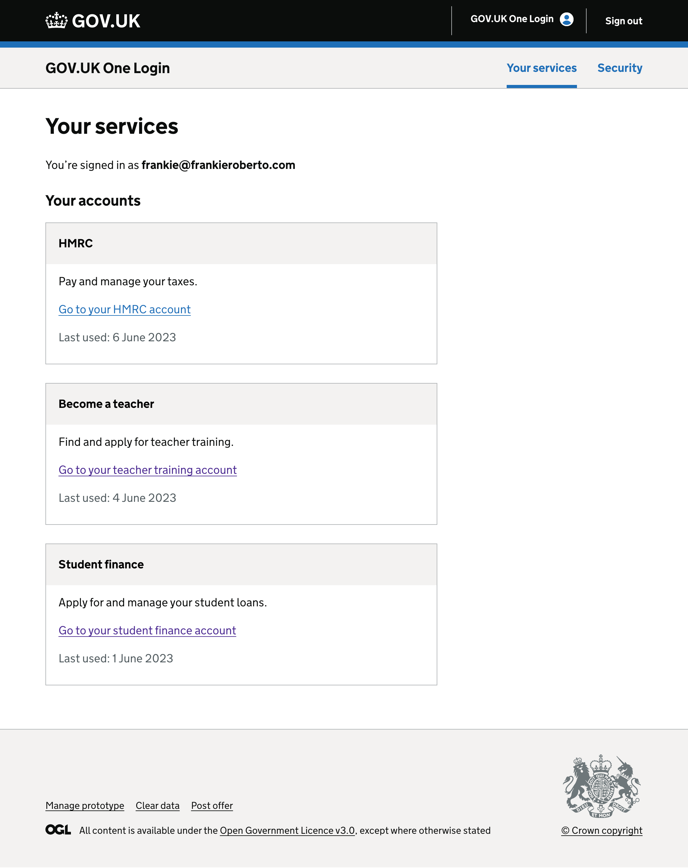 Screenshot showing a list of services on the One Login service