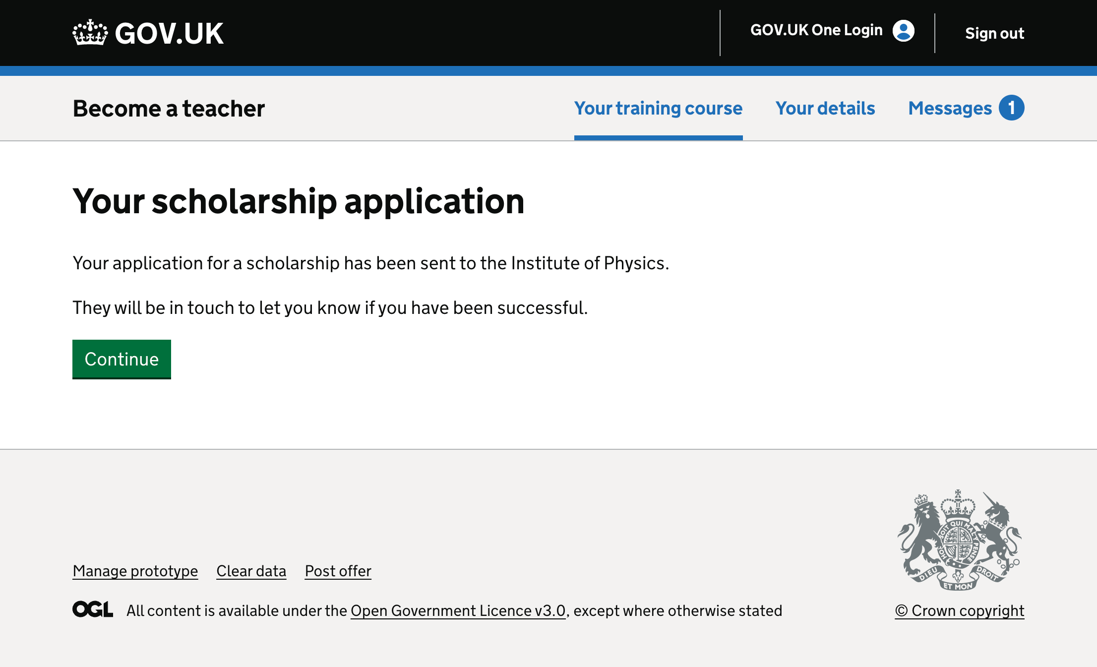 Screenshot showing a page confirming that a scholarship application has been sent