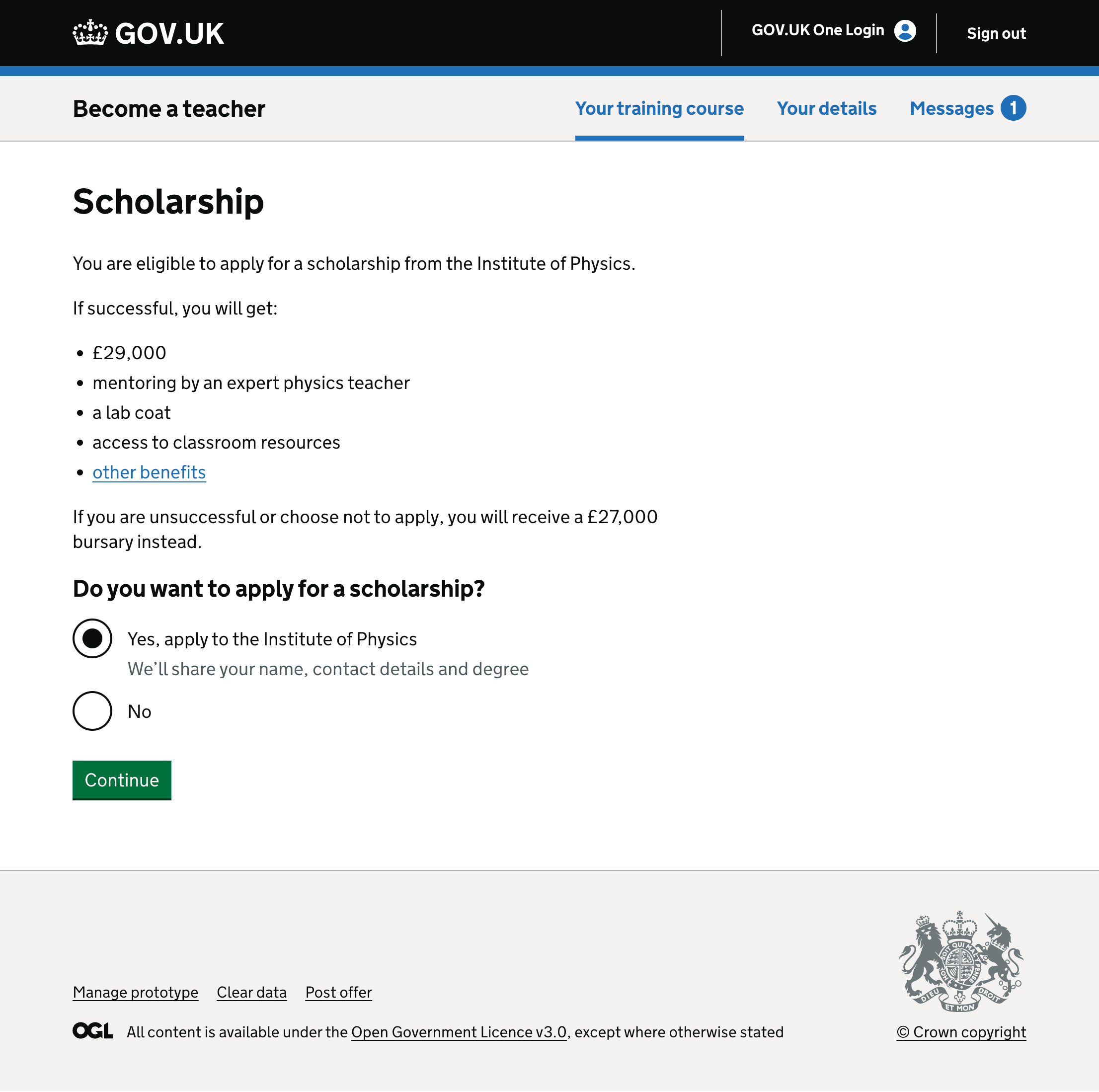 Screenshot showing a page inviting candidates to apply for a scholarship