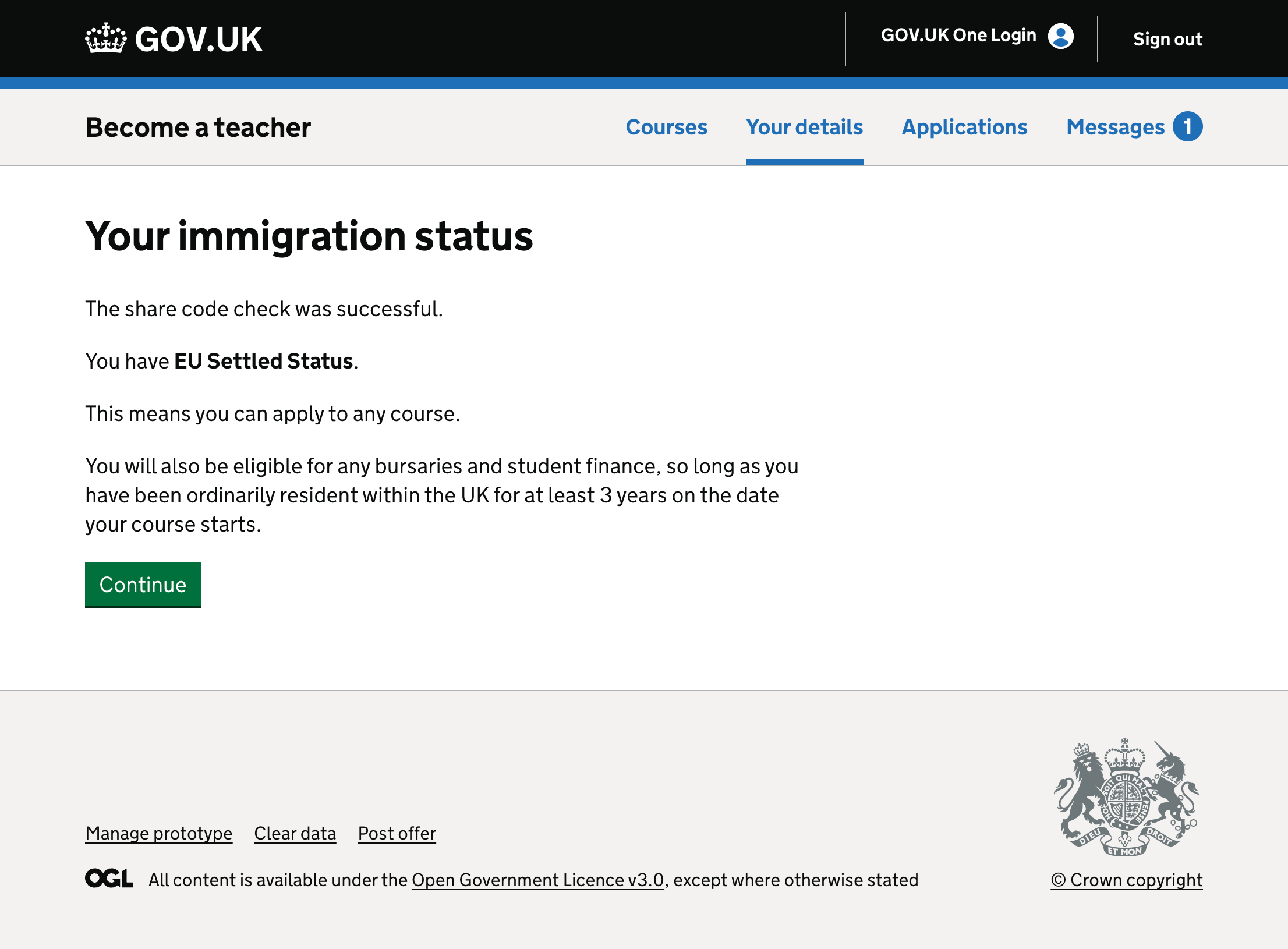 Screenshot showing a page where a share code check was successful and the candidate has EU settled status