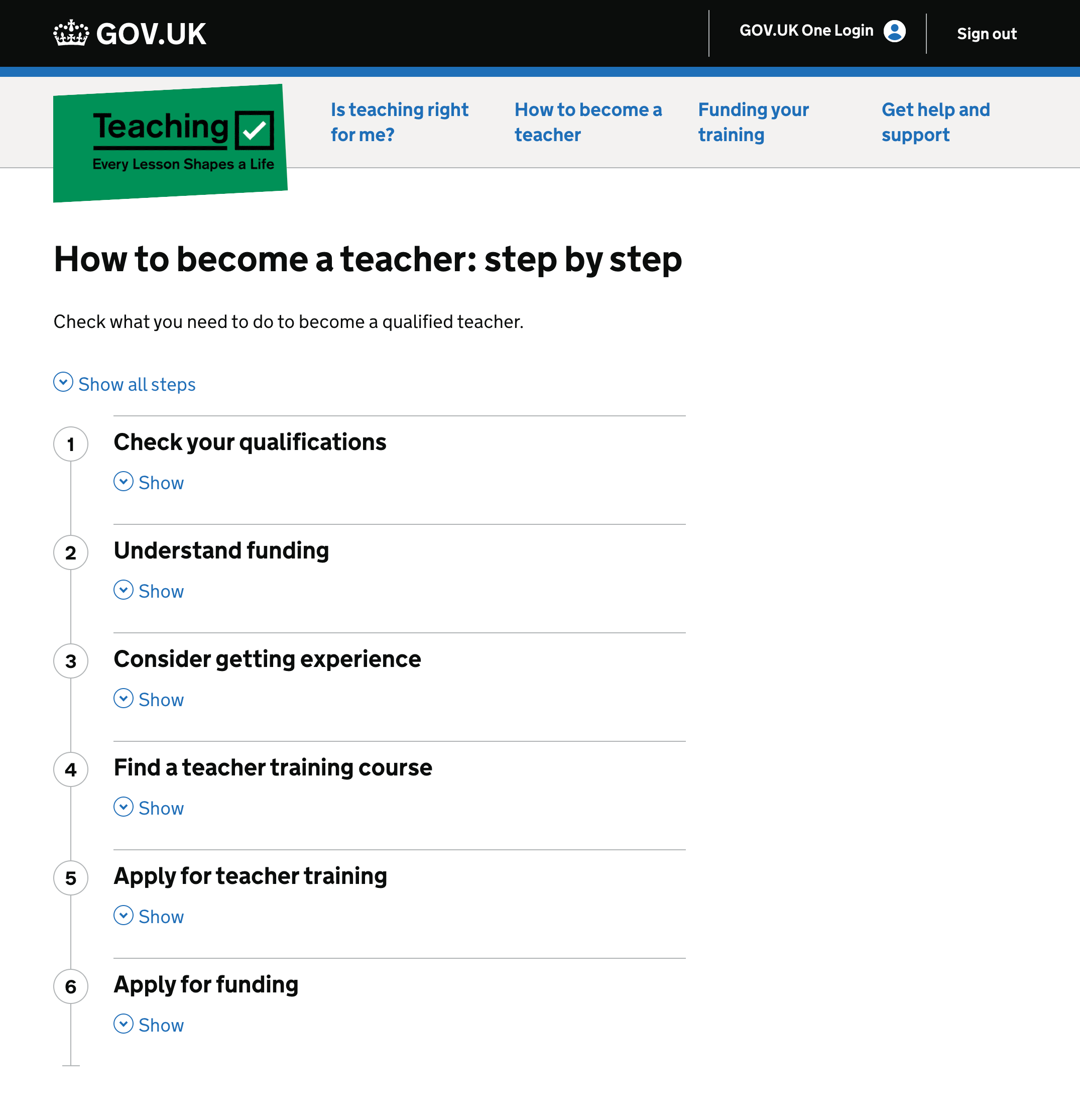 Screenshot showing a page with the title 'How to become a teacher: step by step' with 6 steps.