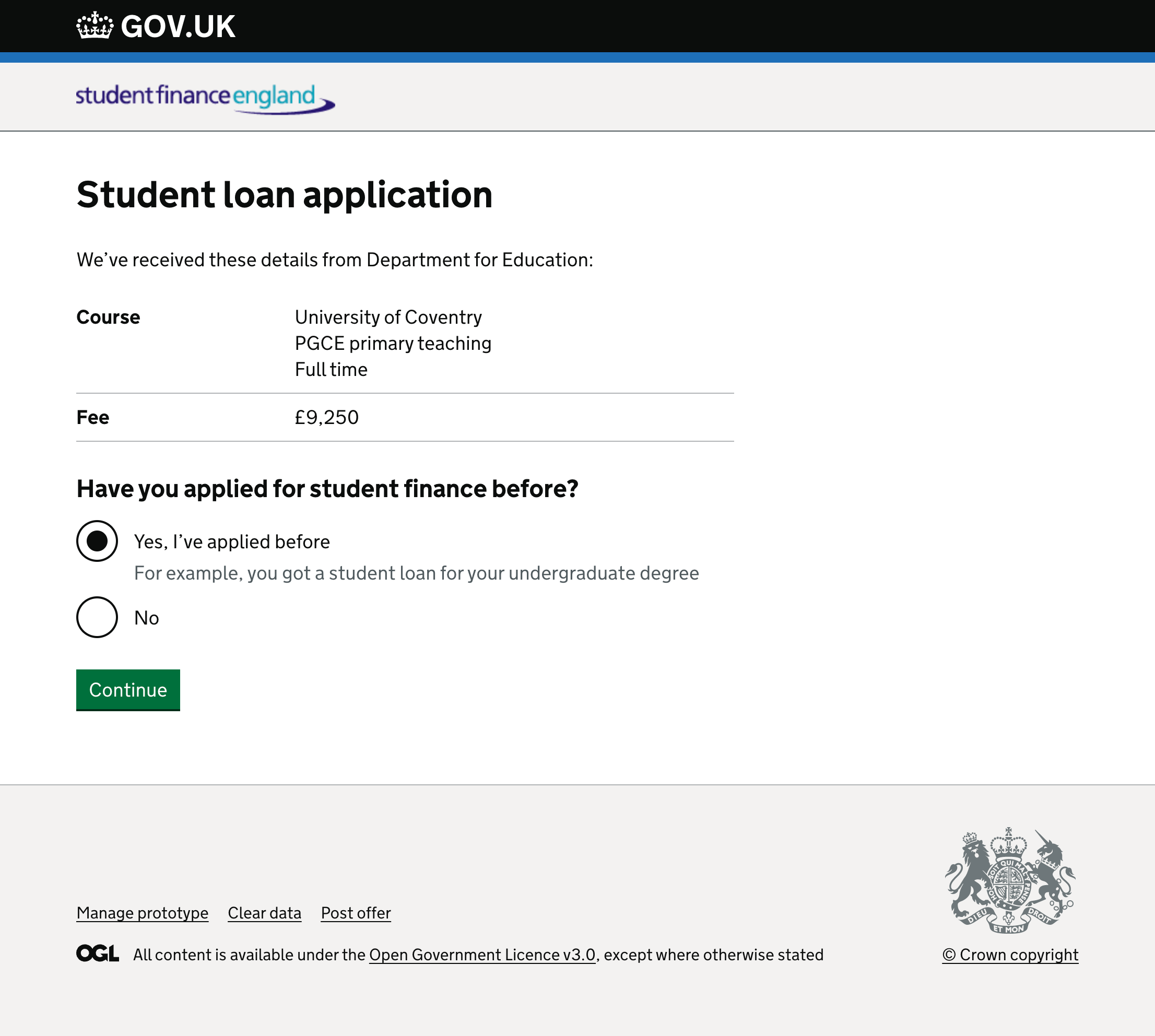 Screenshot showing the Student Finance England website with the course details already confirmed