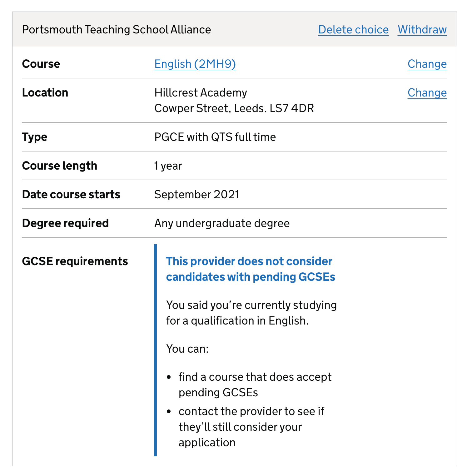 Screenshot of course choice that does not accept pending GCSEs.