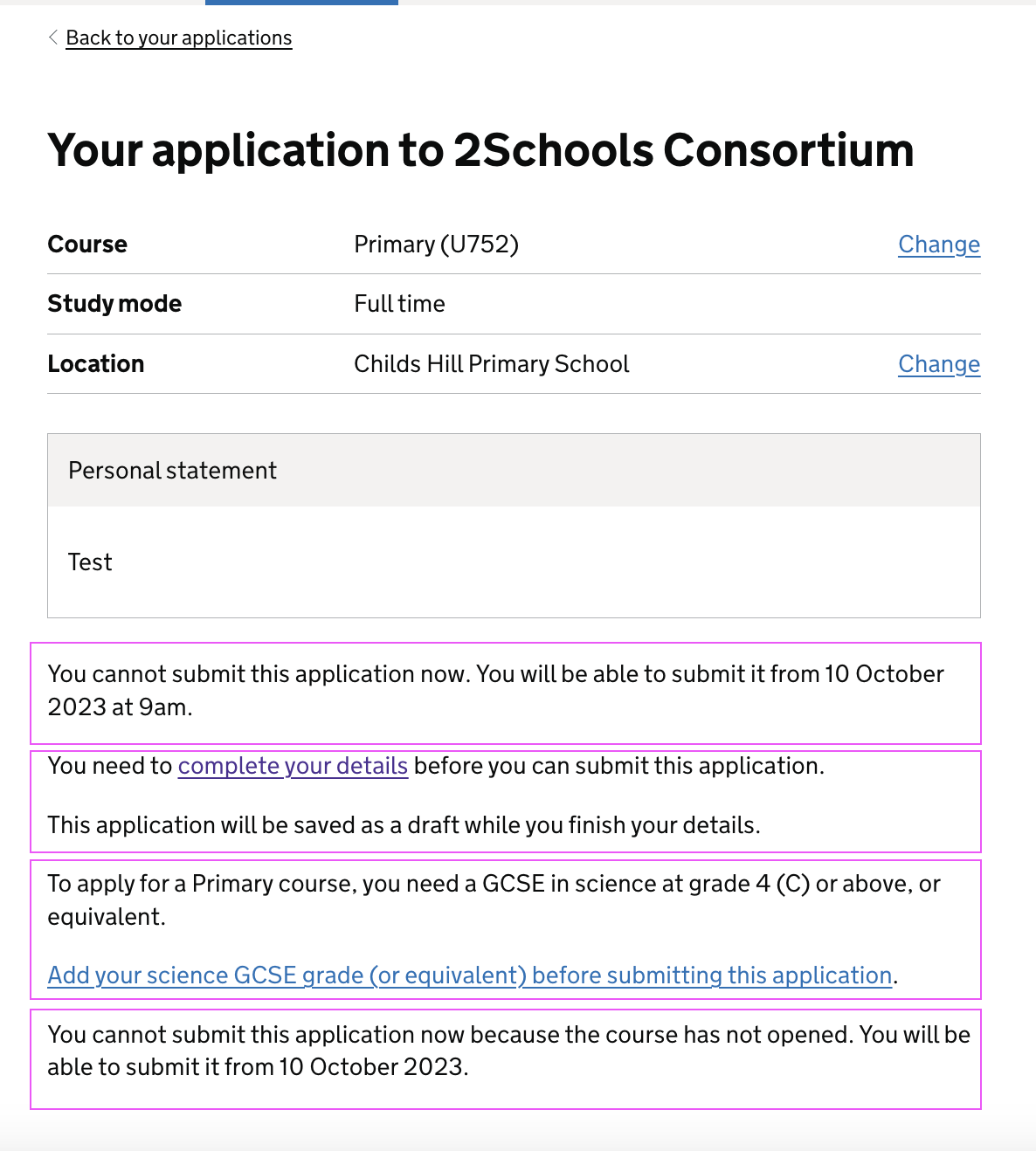 Screenshot of all the content a candidate could see if there is more than one scenario where they cannot submit an application. Each scenario has a purple box around it to show how much content there is.