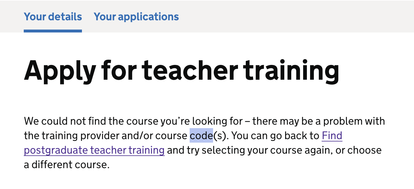 Screenshot of a page telling candidates there is a technical issue with the course they selected and they should go back and select the course again.