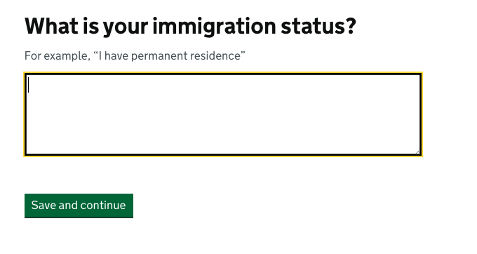 Screenshot of the old immigration status page showing a texbox with an example 'I have permanent residence'