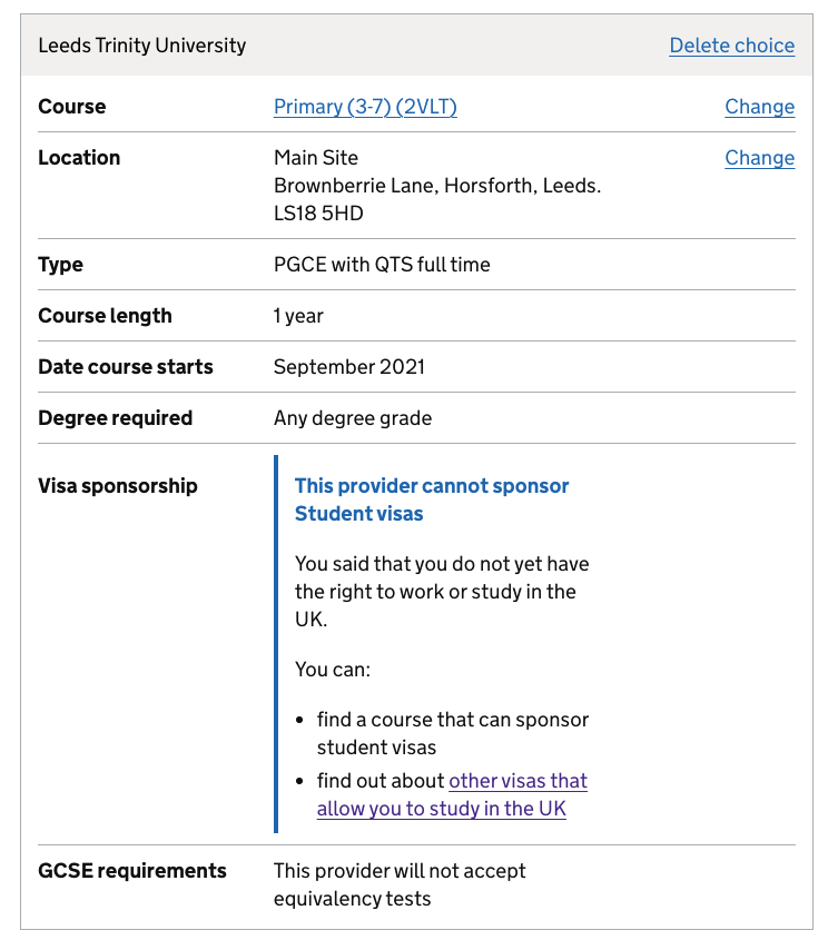 Screenshot showing visa warning in the Course choices summary