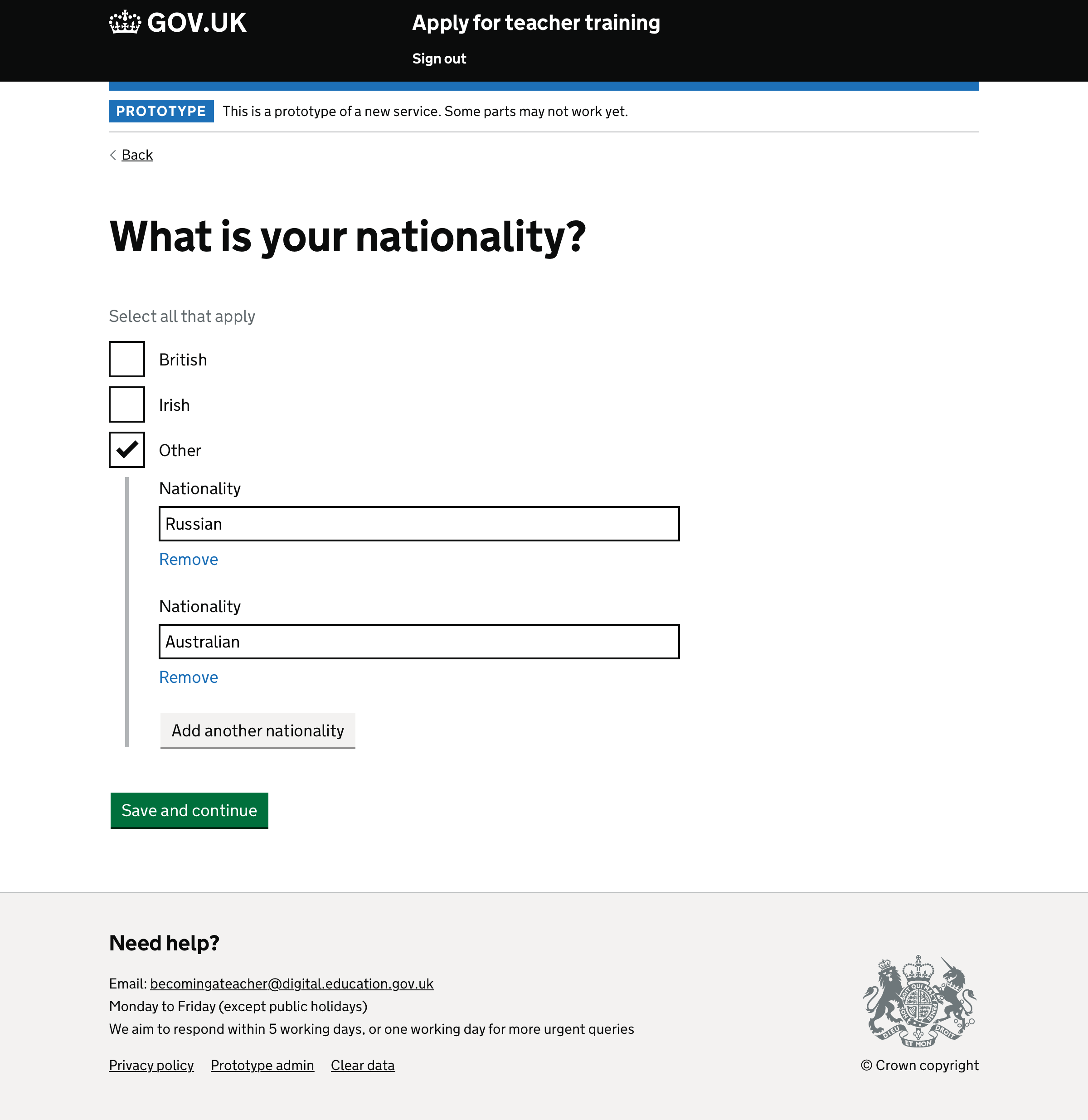 Nationality question showing ‘Other’ nationality field conditionally shown.
