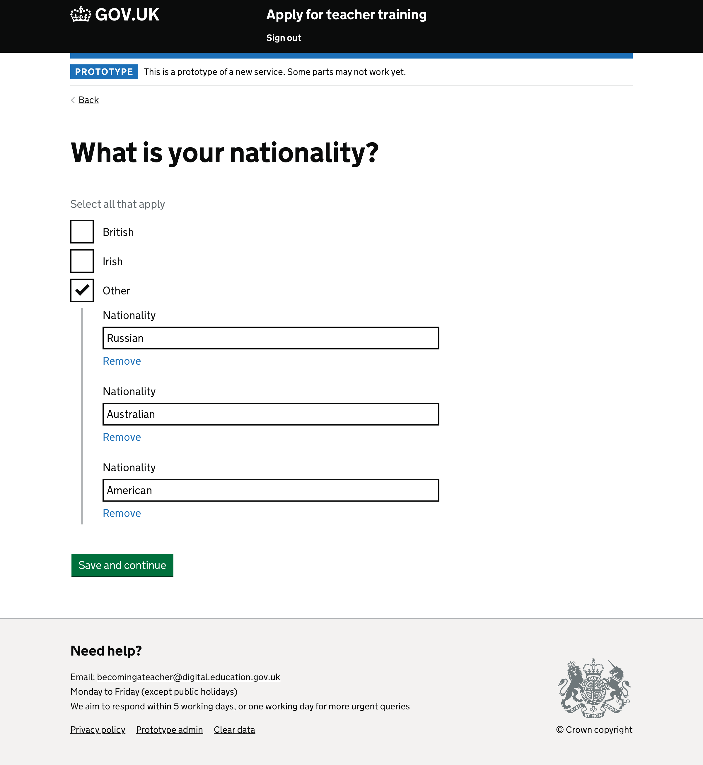 Nationality question showing ‘Other’ nationality field conditionally shown.